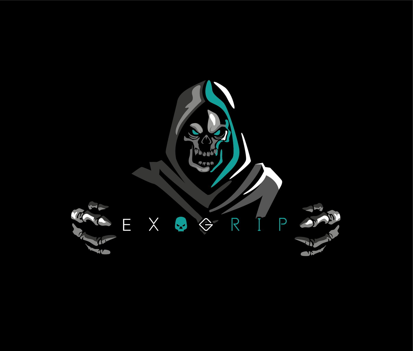 Exogrip large logo, Big skeleton man holding Exogrip's primary logo